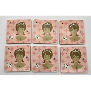 Retro Atomic Lounge C Quintero Signed 6pc Coaster Set Mid Century Dice Girl Bar
